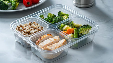 Healthy lunch box with chicken, rice and vegetablesle table