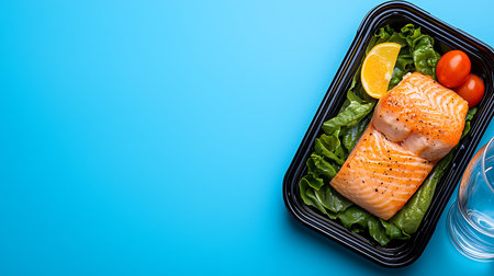 Salmon fillet with salad and lemon in lunch box on blue backgroundの写真素材