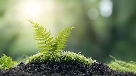 Green fern growing in soil with bokeh background, nature and environment conceptの写真素材