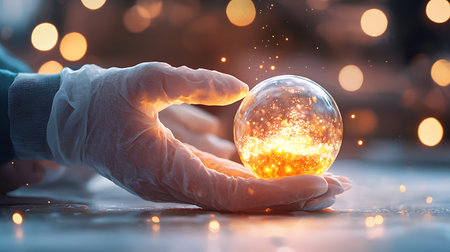 Hands in gloves holding crystal ball with bokeh lights on background