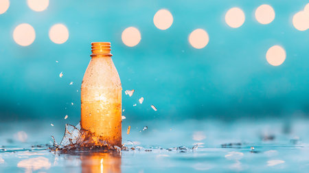 Water splash out of glass bottle with bokeh light background.