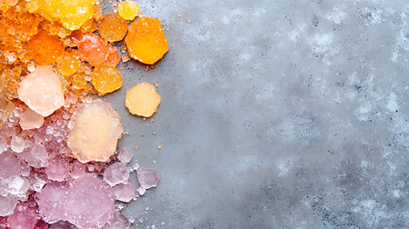 Colorful ice cubes on grey background. Top view with copy spaceの写真素材