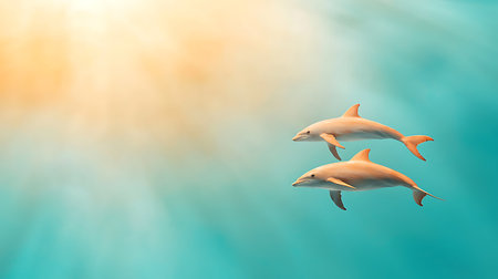Dolphins swimming in the sea at sunset. 3d illustration.の写真素材