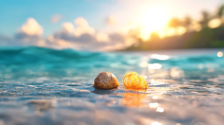 Two seashells in the water on the background of the seaの写真素材