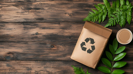 Recycling symbol with paper box and coffee cup on wooden backgroundの写真素材