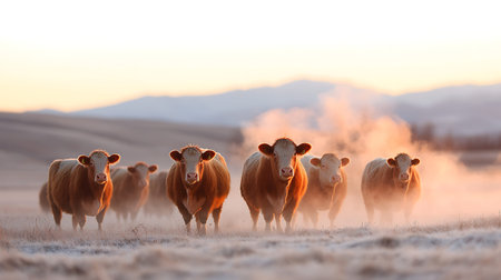 Herd of cows grazing on a snowy field at sunset in winterの写真素材