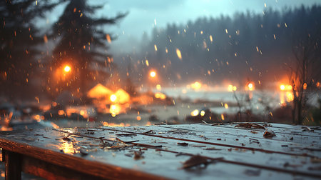Snowfall in the winter forest at night. Blurred background.