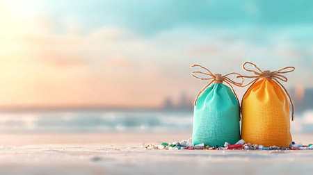 Colorful bags on the beach with blue sky and sea background.の写真素材