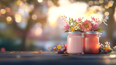 Two glass jars of pink color with a bouquet of flowers on the background of bokehの写真素材