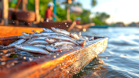 Fresh fish on wooden boat in the sea, Thailand. Selective focusの写真素材