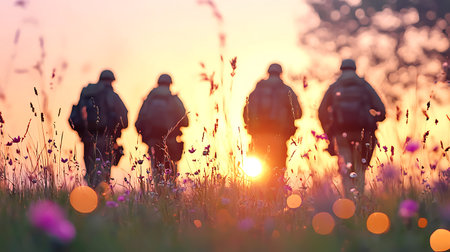 Silhouette of group of hikers walking on a meadow at sunset