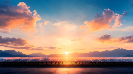 Solar panels with beautiful sky background. Alternative energy concept. 3D Rendering