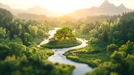 Beautiful summer landscape with river and green trees. 3d renderingの写真素材