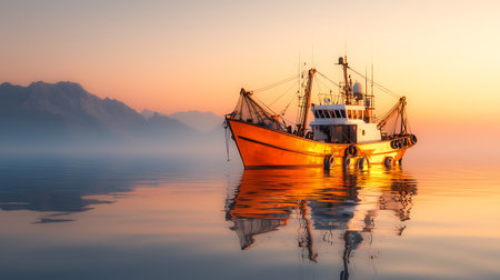 Fishing boat in the sea at sunrise with reflection in water.の写真素材