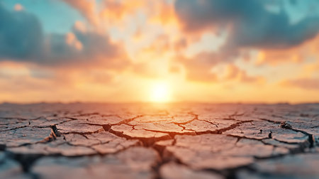 Dry cracked earth with sunset background. Global warming and climate change conceptの写真素材