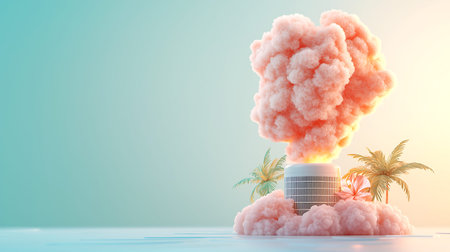 3d rendering of a nuclear power station with palm trees and clouds
