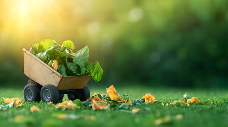 Fresh basil leaves in wooden wheelbarrow on green grass with sunlightの写真素材