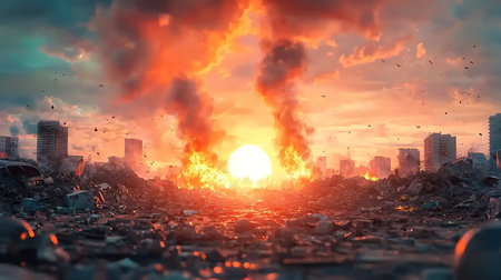 Big fire in the city at sunset. 3d render illustration.の写真素材