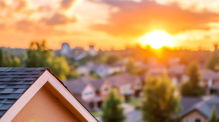 Sunset over the roofs of houses. The concept of real estate.の写真素材