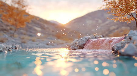 Waterfall in the lake at sunset. Waterfall in the mountains.