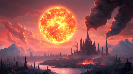 Fantasy landscape with a big red moon in the sky. 3d renderingの写真素材