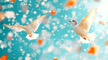Flying white doves with falling petals on blue sky background.