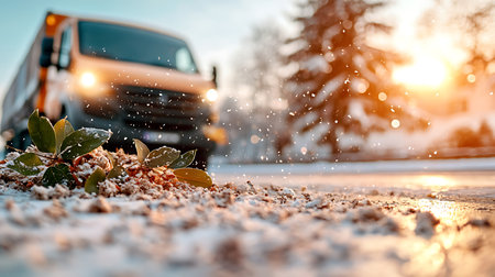 Car in the snow on the road at sunset. The concept of winter holidays.の写真素材
