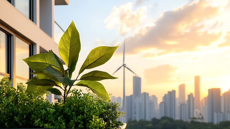 Green plant in front of modern office building with wind turbines in the backgroundの写真素材