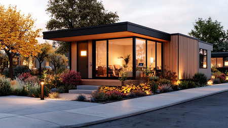 3d rendering of modern cozy house with pool and parking for sale or rent with beautiful landscaping around.の写真素材