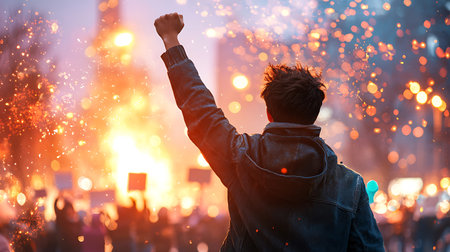 Young man with raised hands on the background of the city and lights