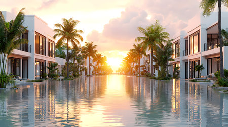 Swimming pool in luxury hotel resort at sunset. 3d renderingの写真素材