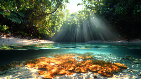 Underwater view of tropical island with coral reef and sunbeams