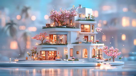 3D render of a modern house with flowers on the roof.の写真素材