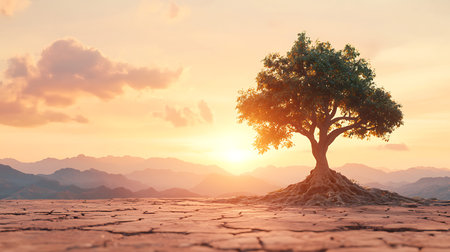 Conceptual image with lonely tree on cracked ground. Mixed mediaの写真素材