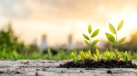 Green sprout growing from soil on blurred city background with copy space