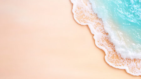 Top view of sandy beach with turquoise sea water and foam on pastel background.
