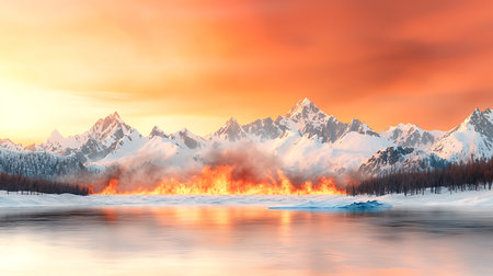 Fiery sunset over the mountain lake.の写真素材
