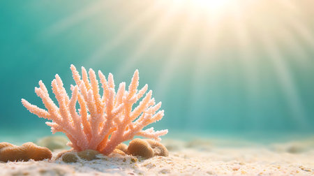 Coral on the sand with sun flare, soft focus background.の写真素材