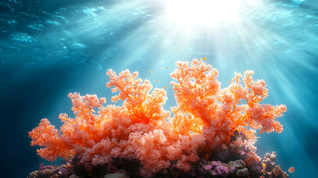 Underwater view of coral reef with sunbeams and lens flareの写真素材