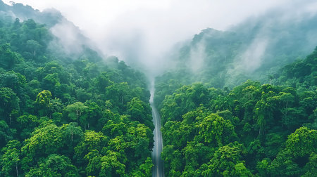 Aerial view of tropical rainforest with fog and mist. Beautiful nature background