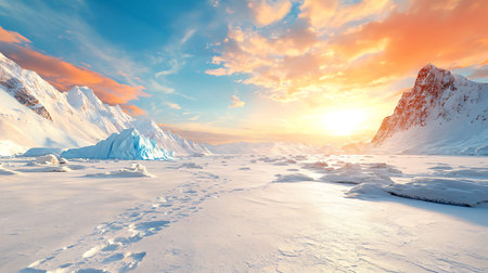 Fantastic winter landscape. Dramatic sunset over snowy mountains. 3d renderの写真素材