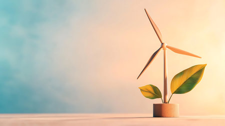Wind turbine and plant on wooden table. Renewable energy concept.の写真素材