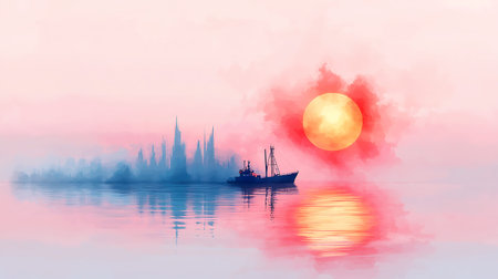 fishing boat on the background of the sunset. 3d renderingの写真素材