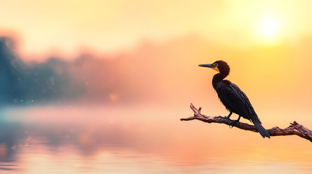Cormorant on a branch at sunrise. 3d renderingの写真素材