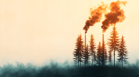 Silhouettes of trees and smoking chimneys on foggy backgroundの写真素材