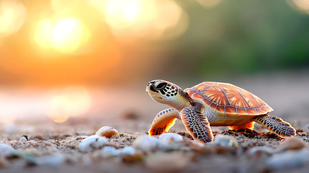 Baby sea turtle in the sea, soft focus and blurred background.の写真素材