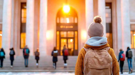 Back view of a girl with a backpack standing in front of the entrance to the building in the eveningの写真素材