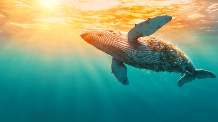 Humpback whale in the sea at sunset, 3D illustrationの写真素材