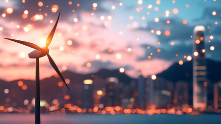 Wind turbine on blurred cityscape background. Alternative energy source concept.の写真素材