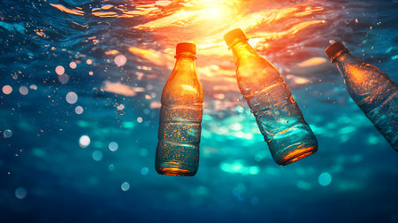 Plastic bottles floating in the water. Plastic pollution concept. 3D Renderingの写真素材
